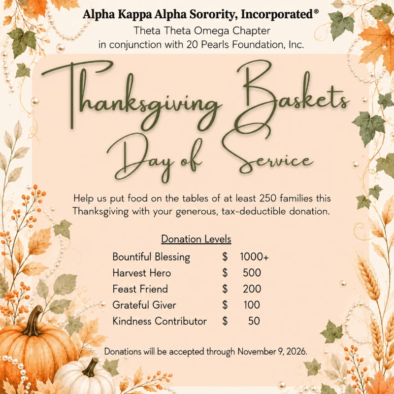 Pumpkins and autumn leaves frame a Thanksgiving Day of Service announcement for Alpha Kappa Alpha Sorority, detailing donation levels and deadlines.