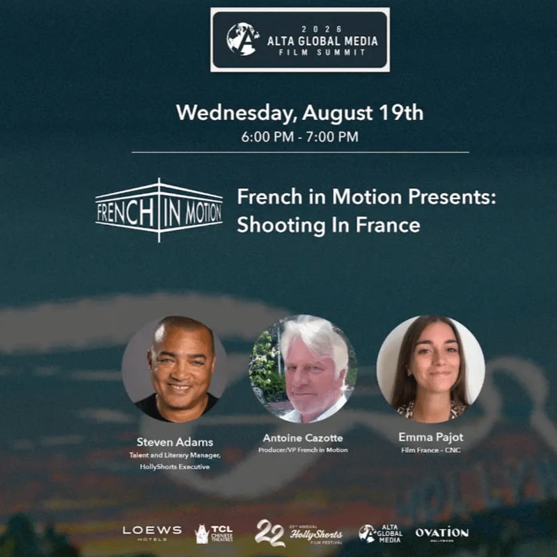 Three speakers are featured in the foreground against a backdrop of a film summit announcement.