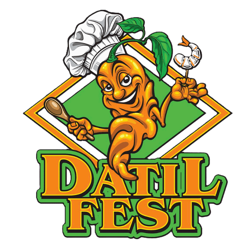 A cartoon chili pepper wearing a chef's hat holds a spoon and a shrimp skewer in front of a green diamond with the words "DATIL FEST" below.