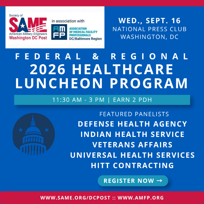 A blue and red flyer announces the Federal & Regional 2026 Healthcare Luncheon Program on September 16th at the National Press Club, featuring a silhouette of the U.S. Capitol building in the foreground.