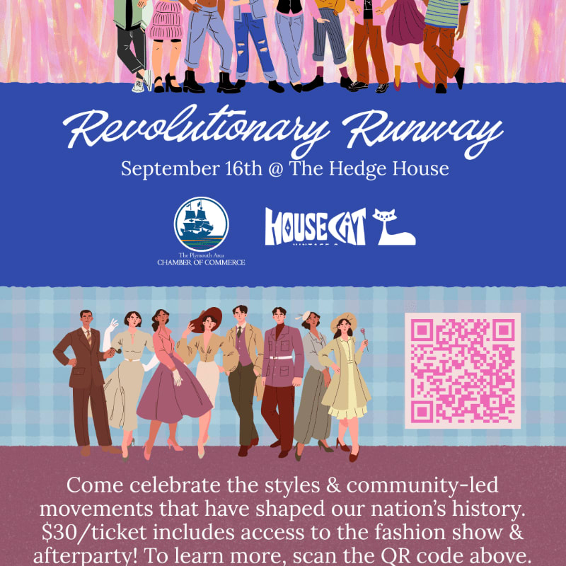 A group of stylized figures in vintage clothing stands on a checkered floor in the foreground, while a colorful, abstract pattern and text announcing "Revolutionary Runway" fill the background.