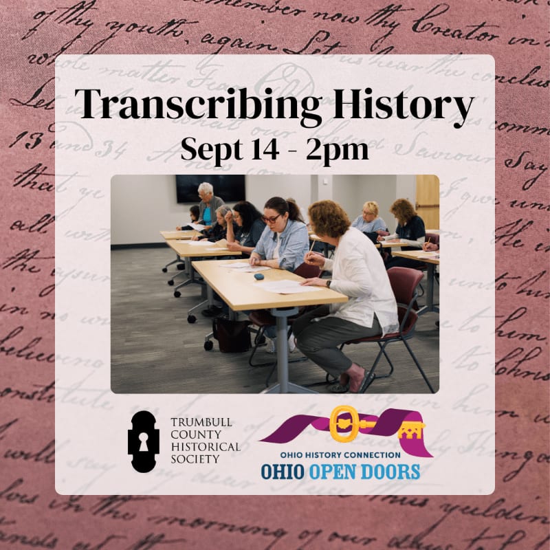 In the foreground, a framed event poster advertises "Transcribing History" with event details and logos, while the background shows a group of people attending a workshop at tables.