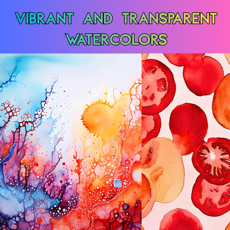 Abstract watercolor splashes in vibrant blues, purples, and oranges fill the left side, transitioning to a pattern of sliced tomatoes on the right, all under a gradient text overlay.