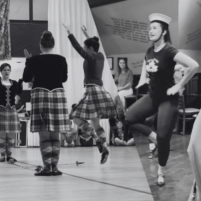 Two women in kilts dance in the foreground, while others watch in the background.
