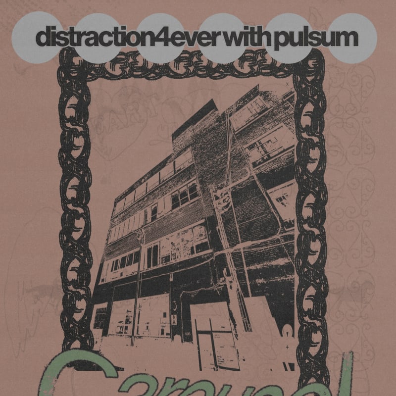 A stylized, dark building is framed by a decorative border and text, set against a muted pink background with subtle swirling patterns.