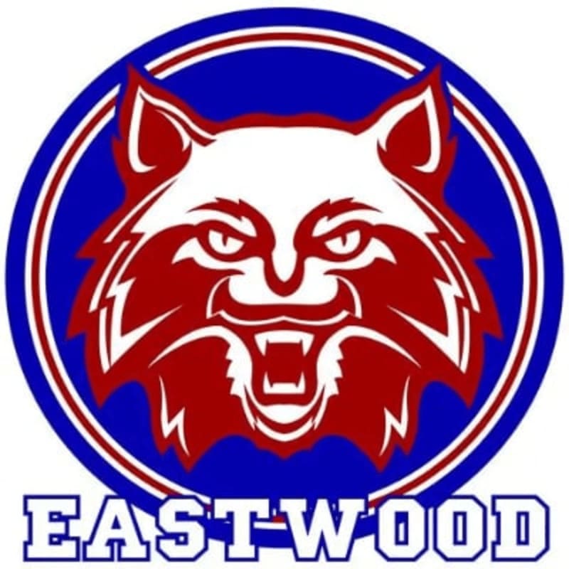 A fierce red and white bobcat head with bared teeth is centered within a blue circle with red and white rings, and the word "EASTWOOD" is written in blue block letters below.