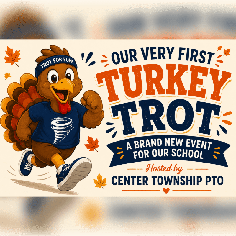 A cartoon turkey wearing a headband and t-shirt runs in the foreground, while the background features text announcing "Our Very First Turkey Trot" and autumn leaves.
