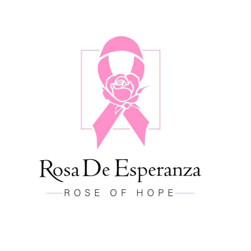 A pink ribbon with a rose inside is centered above the text "Rosa De Esperanza" and "ROSE OF HOPE" on a white background.