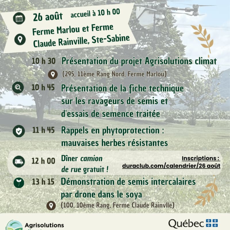 A flyer with event details for August 26th is overlaid on a background image of a drone flying over a field.