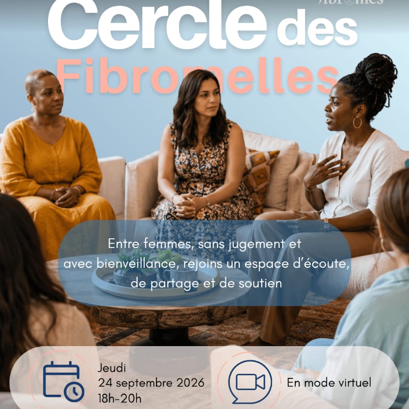 Four women are gathered in a circle, with text overlaying the scene and a calendar and video icon at the bottom.