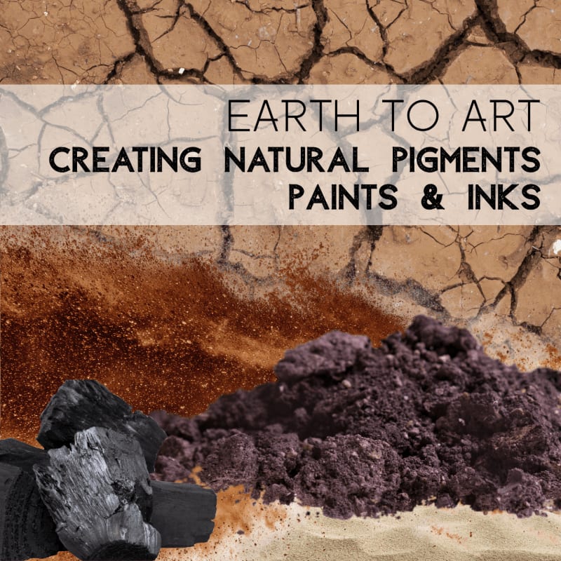 Cracked earth forms the background above piles of charcoal and dark purple pigment in the foreground, with text overlaying the scene.