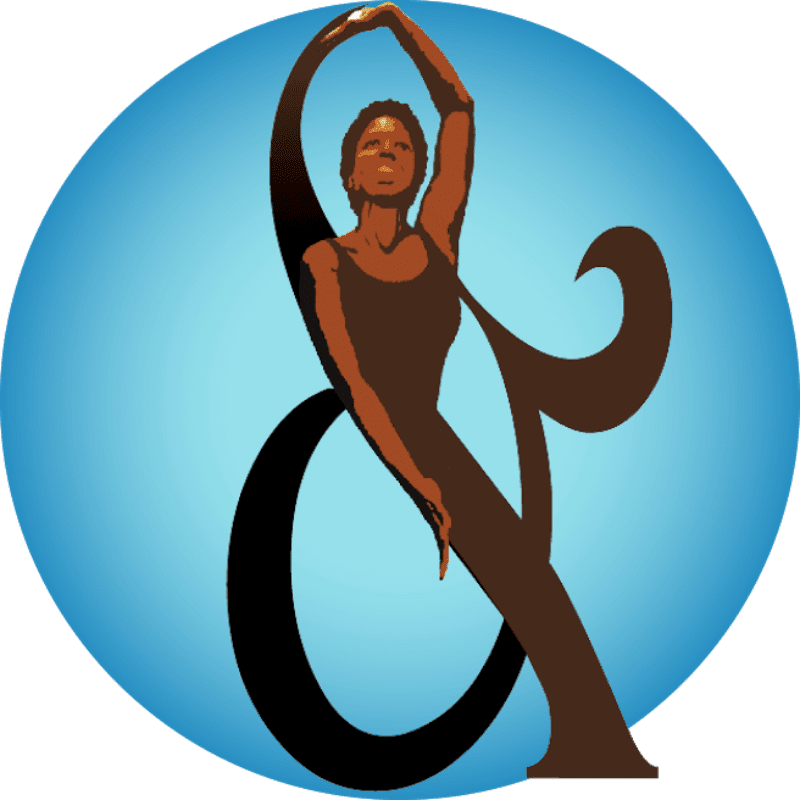 A stylized dancer in a brown leotard is silhouetted against a large, dark ampersand, all within a bright blue circle.