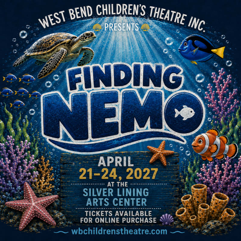 A vibrant underwater scene with characters from "Finding Nemo" in the foreground and theatrical information in the background.