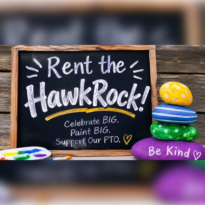 A chalkboard sign with "Rent the Hawk Rock!" written on it is in the foreground, with colorful painted rocks and art supplies to the right and left, set against a rustic wooden background.