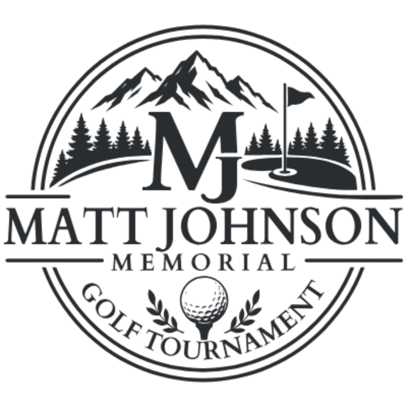 A golf ball and laurel leaves are in the foreground, with a golf course, mountains, and trees forming the background within a circular logo.