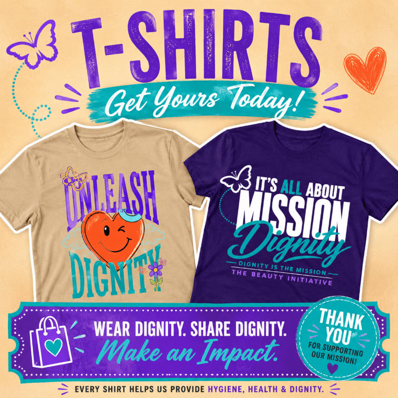 Two t-shirts, one tan and one purple, are displayed in the foreground against a purple background with decorative elements like butterflies and hearts.