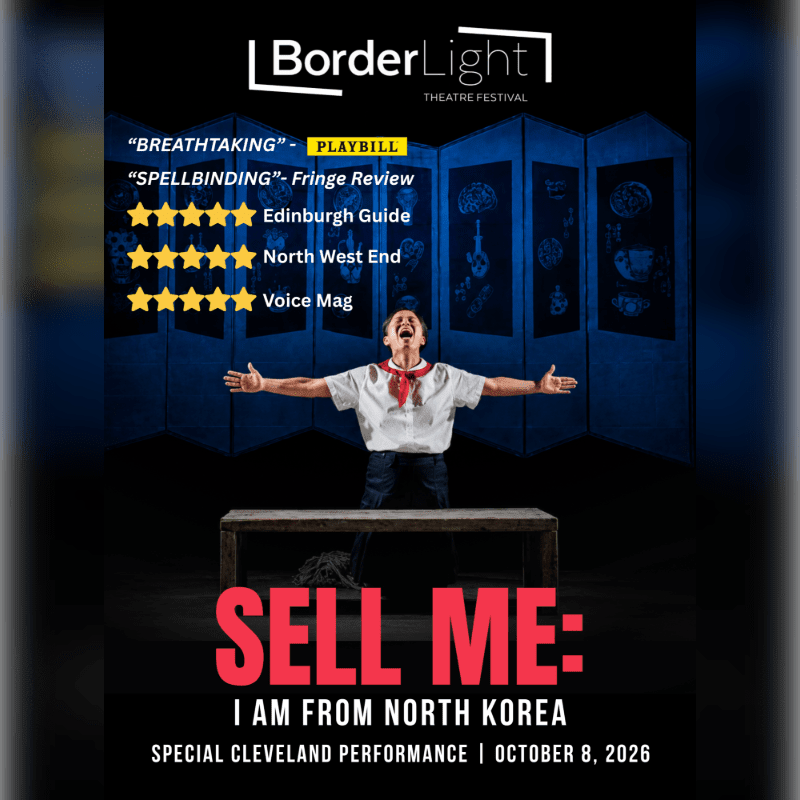A young man with arms outstretched stands on a stage in front of a screen displaying anatomical drawings, with "SELL ME: I AM FROM NORTH KOREA" prominently displayed below.