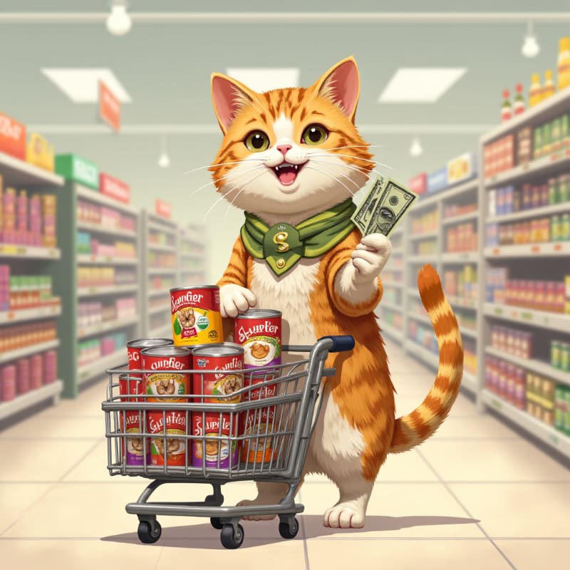 An orange tabby cat with a green scarf stands in a grocery store aisle, holding money and a shopping cart filled with cans of cat food, with shelves of products lining the background.