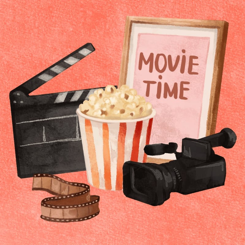 A clapperboard, popcorn, film reel, and video camera are in the foreground, with a "Movie Time" sign in the background against a textured coral surface.