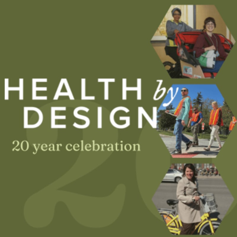 In the foreground, large white text reads "HEALTH by DESIGN 20 year celebration" against a muted green background, while the background features three hexagonal collages of people engaged in various activities.