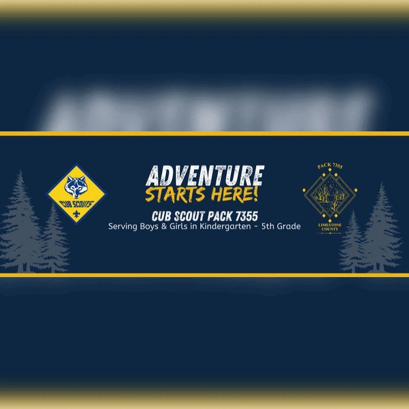 Silhouetted pine trees frame a dark blue background with a yellow banner displaying "ADVENTURE STARTS HERE!" and Cub Scout Pack 7355 information.