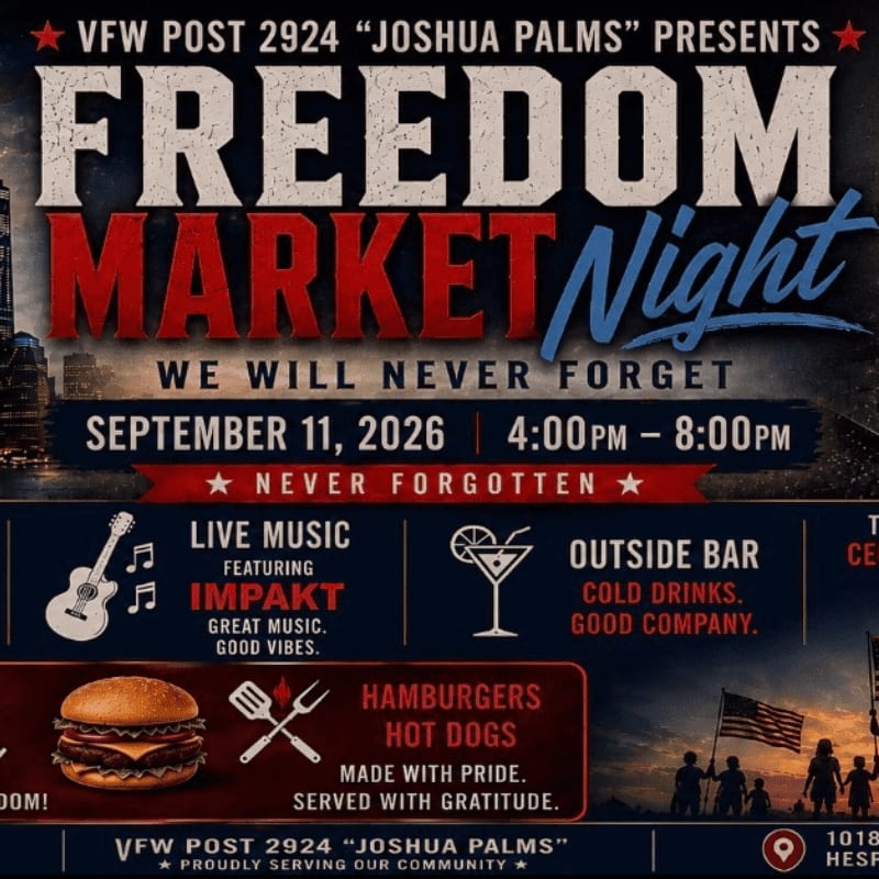 A vibrant poster for "Freedom Market Night" at VFW Post 2924 features a hamburger and hot dog stand in the foreground, with a silhouette of people holding American flags against a backdrop of city lights and patriotic text.