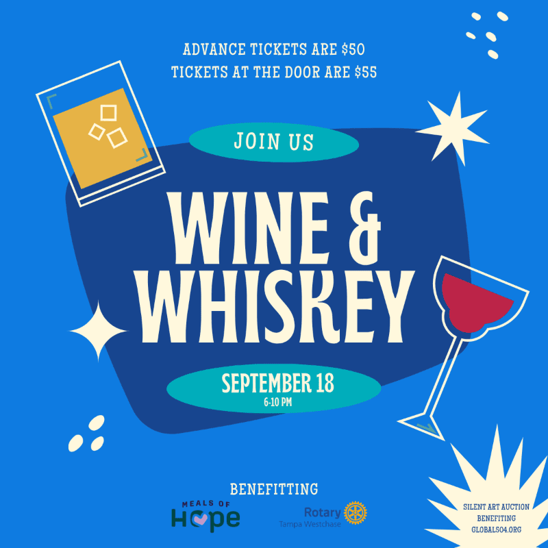 A blue background with stylized graphics of a whiskey glass and a wine glass in the foreground advertises a "Wine & Whiskey" event on September 18th, with ticket prices and beneficiary information at the bottom.
