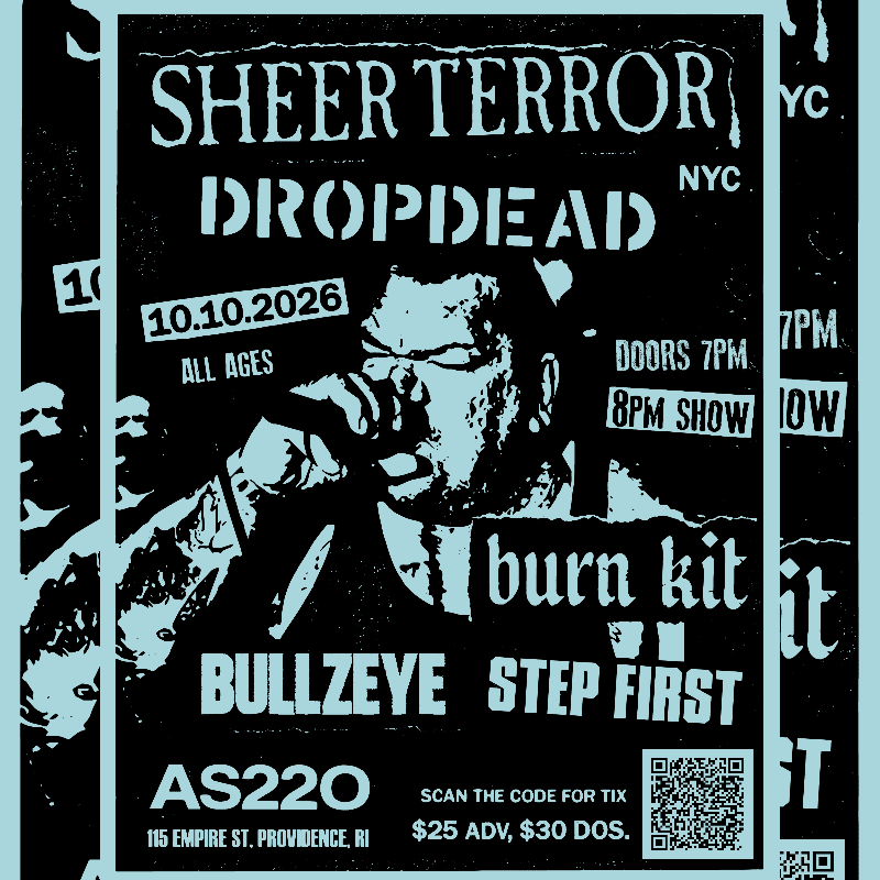 A black and blue concert poster features a close-up of a man with a microphone in the foreground, set against a background of band names and event details.