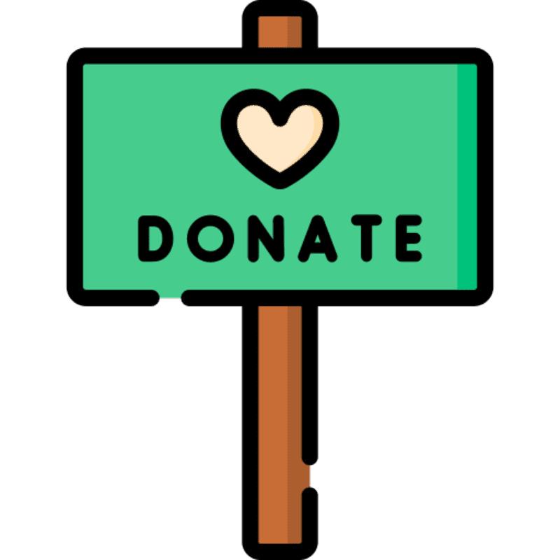 A green sign with a heart and the word "DONATE" is mounted on a brown post against a white background.