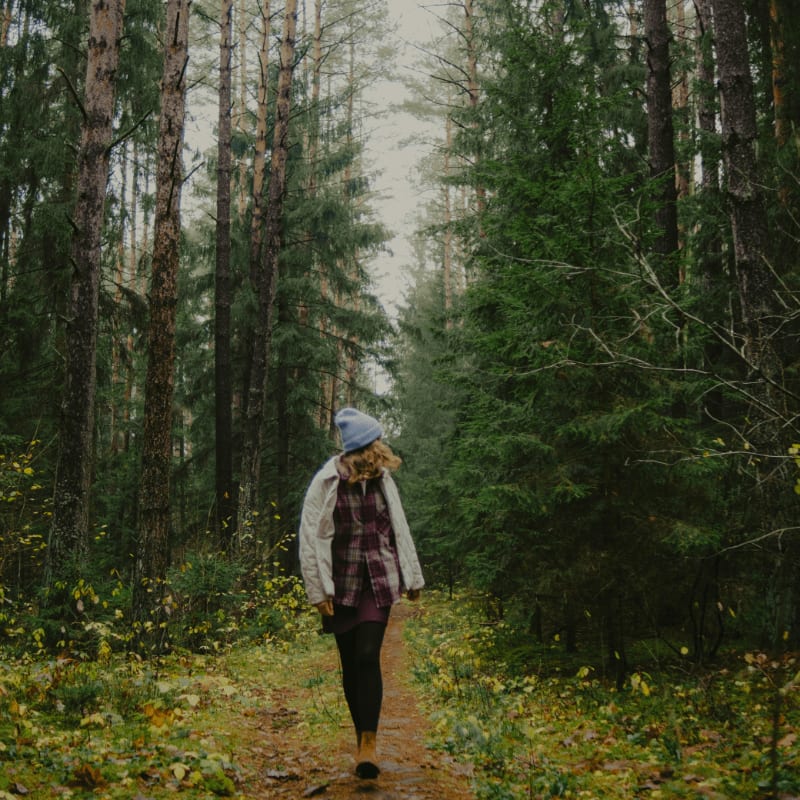 Woman walking on path through autumn forest