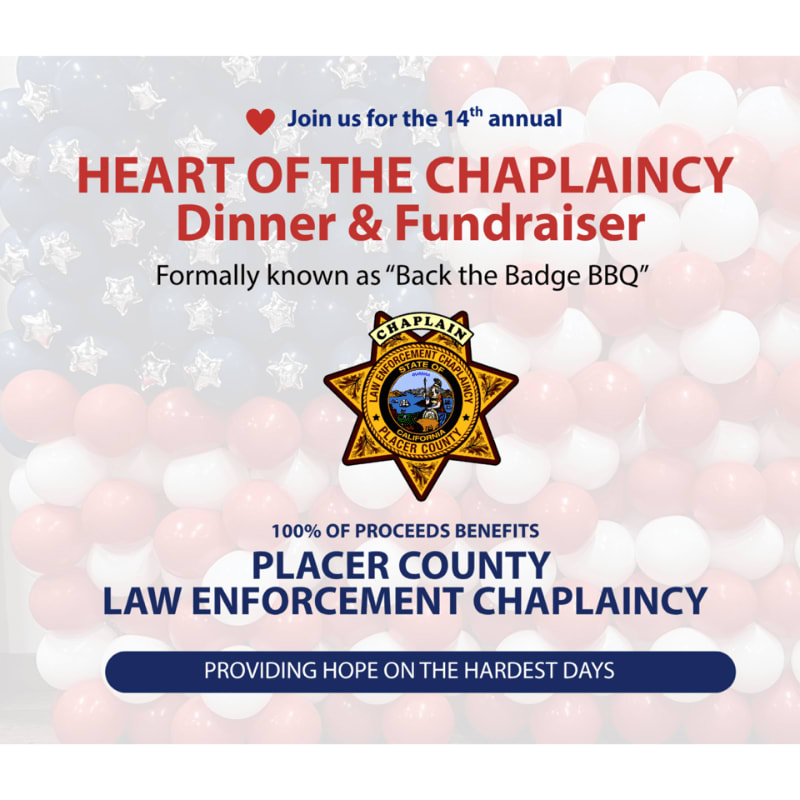 Red and white balloons form the background for a graphic advertising the "Heart of the Chaplaincy Dinner & Fundraiser," featuring the Placer County Sheriff's Chaplain badge prominently in the foreground.