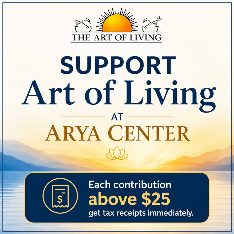 A serene sunset over water forms the background for a promotional graphic for "The Art of Living" at "Arya Center," with a call to action for contributions above $25.
