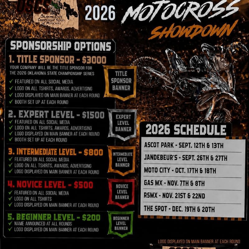 A motocross rider is silhouetted against a dark background, with sponsorship options and a 2026 schedule listed on the left and right sides of the foreground.