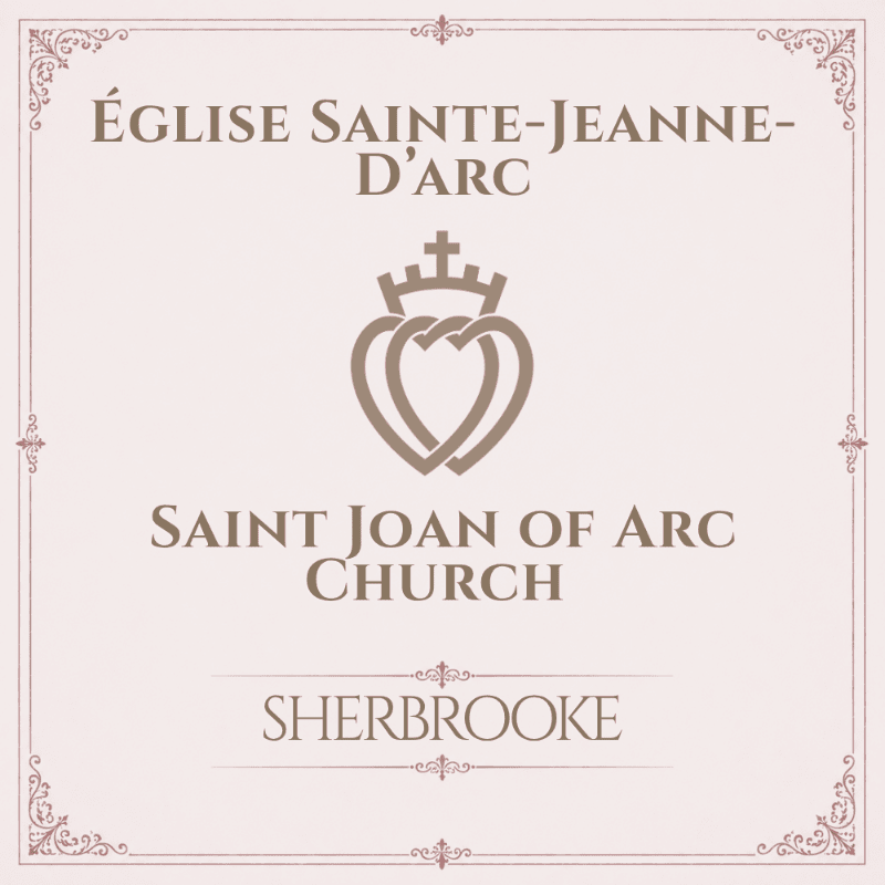 A stylized logo for Saint Joan of Arc Church in Sherbrooke features a heart emblem with a cross on top in the foreground, set against a decorative, light pink background with ornate corner details.