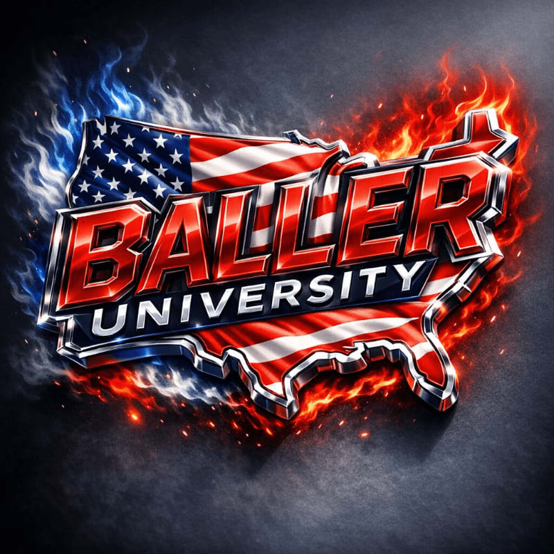 The foreground features the words "BALLER UNIVERSITY" emblazoned across a fiery, American flag-themed outline of the United States, while the background is a dark, smoky texture.