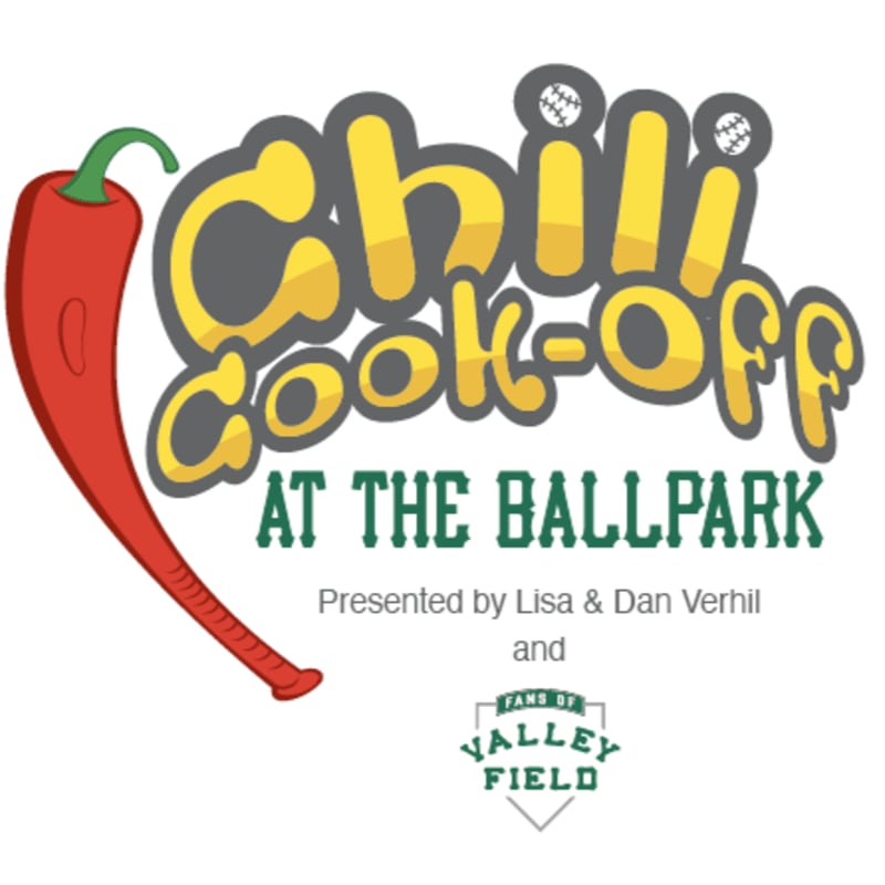 A red chili pepper stands to the left of the "Chili Cook-off at the Ballpark" text, with a baseball-themed logo for "Valley Field" at the bottom.