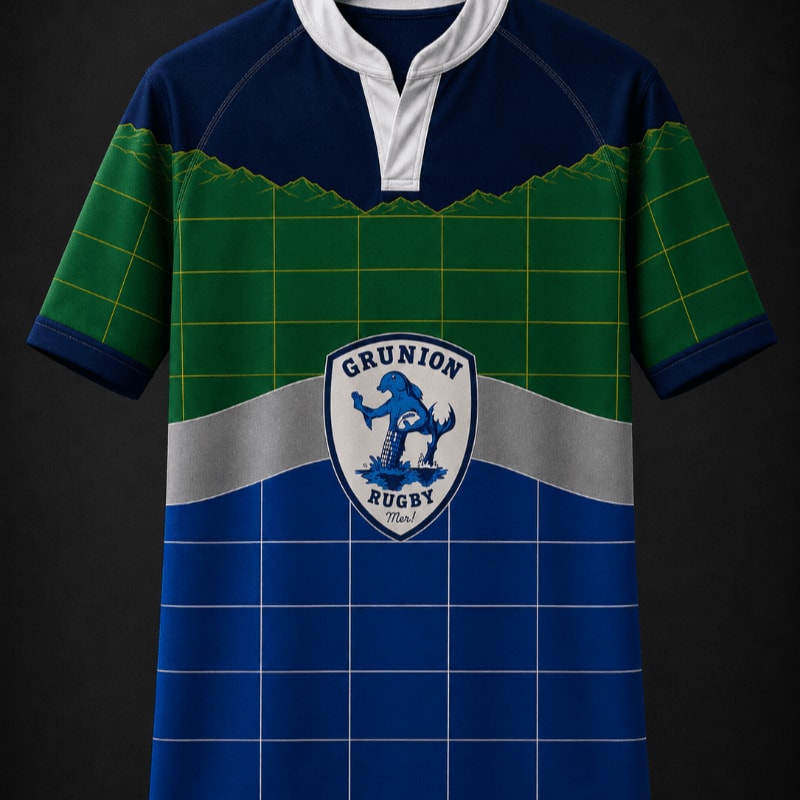 A rugby jersey with a crest featuring a mythical creature is displayed against a dark background.