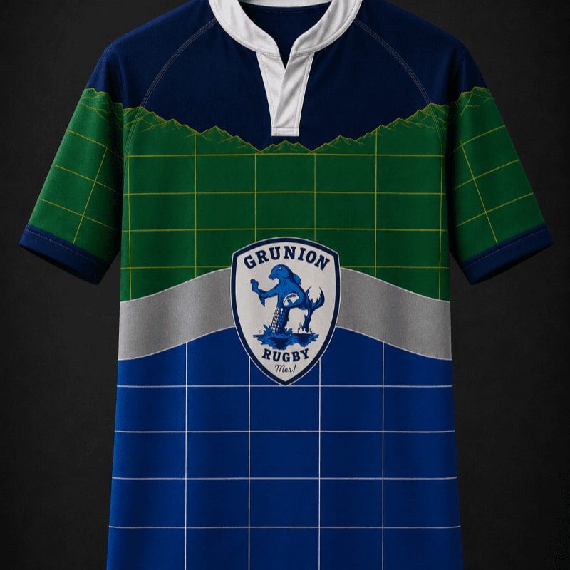 A rugby jersey with a crest featuring a mythical creature is displayed against a dark background.