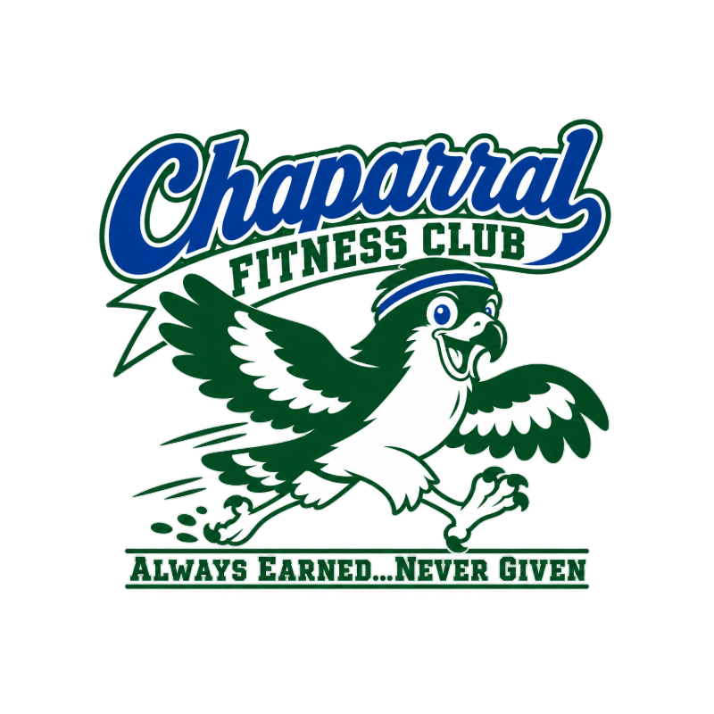 A cartoon falcon with a headband runs in the foreground, with the words "Chaparral Fitness Club" and a slogan in the background.