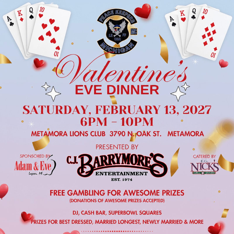 Playing cards and confetti are in the foreground, while the background advertises a Valentine's Eve Dinner with event details.
