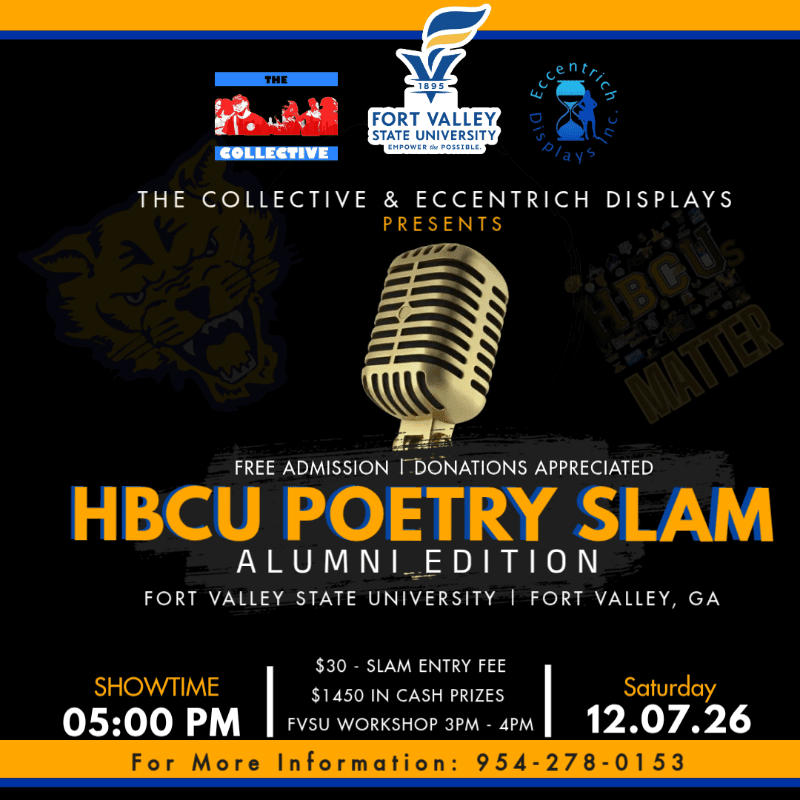 A vintage microphone stands in the foreground against a dark background featuring a roaring tiger graphic and event details for an HBCU Poetry Slam.