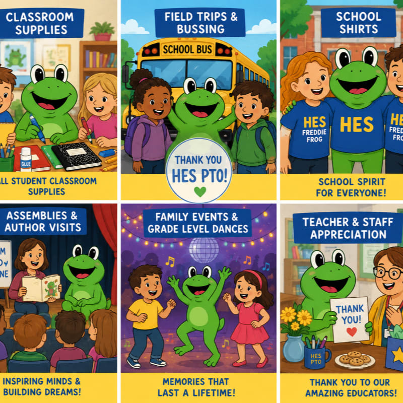 A cartoon frog mascot interacts with children in various school settings, from classroom activities and field trips to dances and teacher appreciation events.