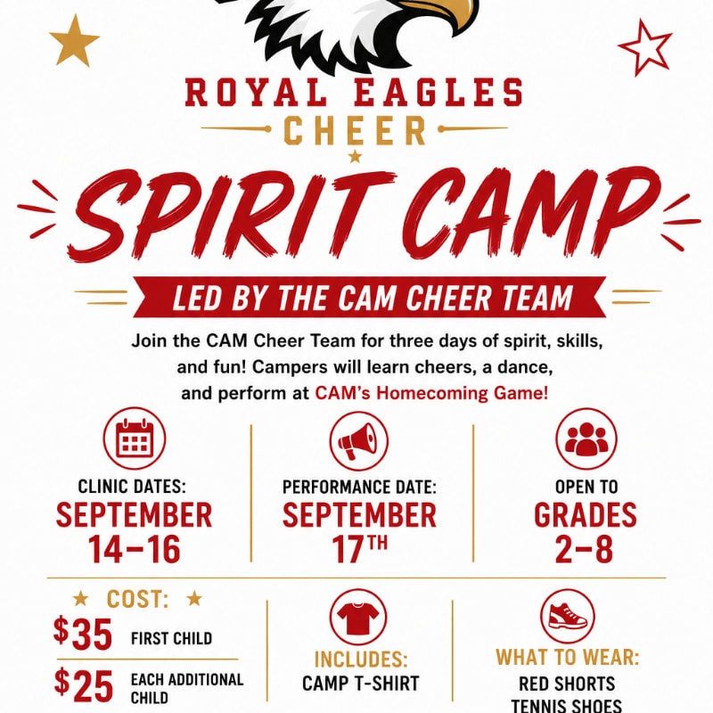 A flyer for a "Royal Eagles Cheer Spirit Camp" is displayed with details about dates, cost, and what to wear, set against a white background with graphic elements like stars and an eagle's head.