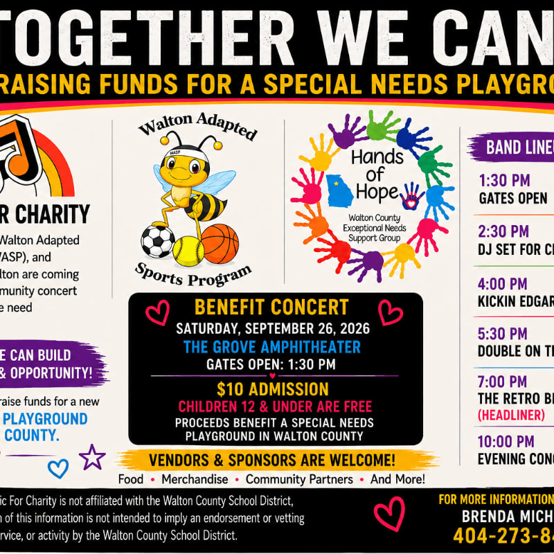 A colorful flyer advertises a benefit concert for a special needs playground, featuring a cartoon bee in the foreground and event details in the background.