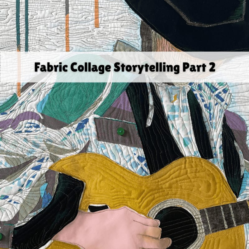 A close-up fabric collage of a person playing a guitar fills the foreground, with a textured, abstract background behind it.