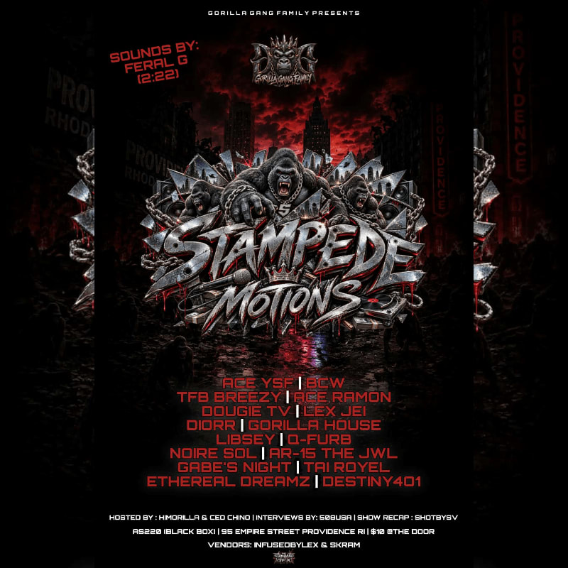 A fierce gorilla looms over a cityscape with the text "STAMPEDE MOTIONS" in the foreground.