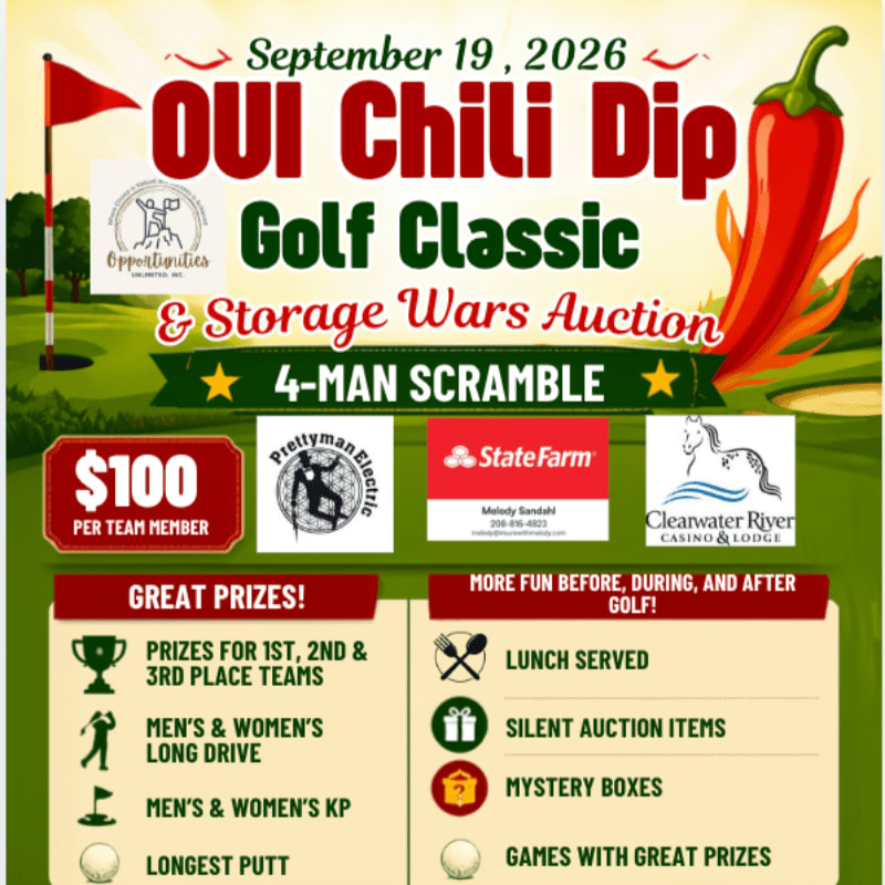 A golf course with a red flag in the foreground is the backdrop for a flyer advertising the OUI Chili Dip Golf Classic and Storage Wars Auction on September 19, 2026.