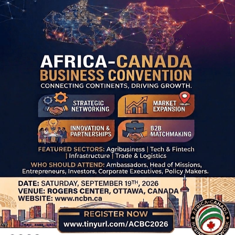 A dark background with a stylized map of Africa and Canada in the upper portion, and a city skyline in the lower portion, frames the text for the Africa-Canada Business Convention.