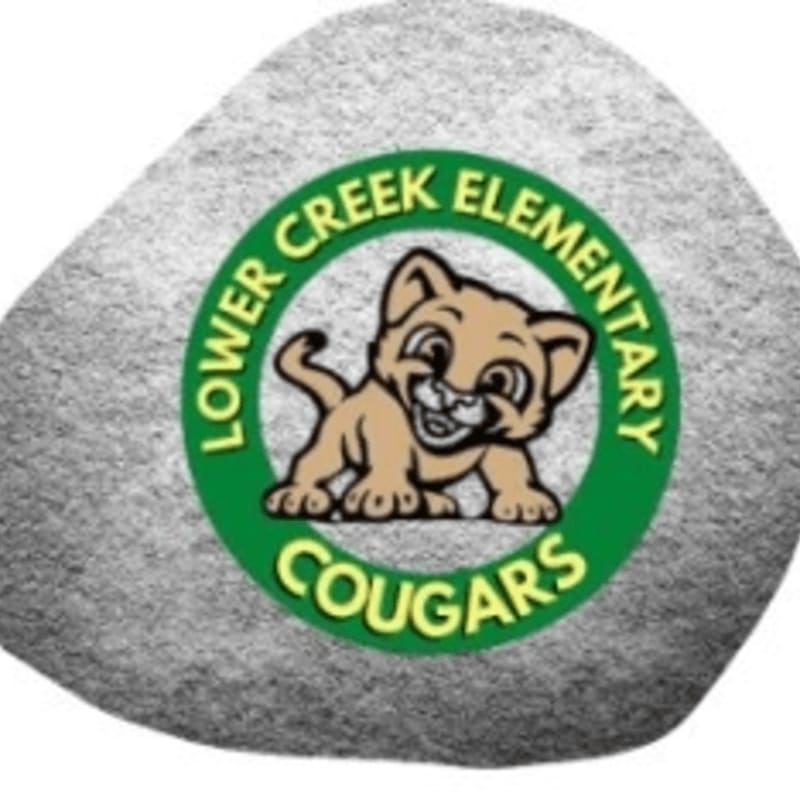A cartoon cougar mascot is centered on a gray, textured rock, with "LOWER CREEK ELEMENTARY COUGARS" written in a green circle around it.