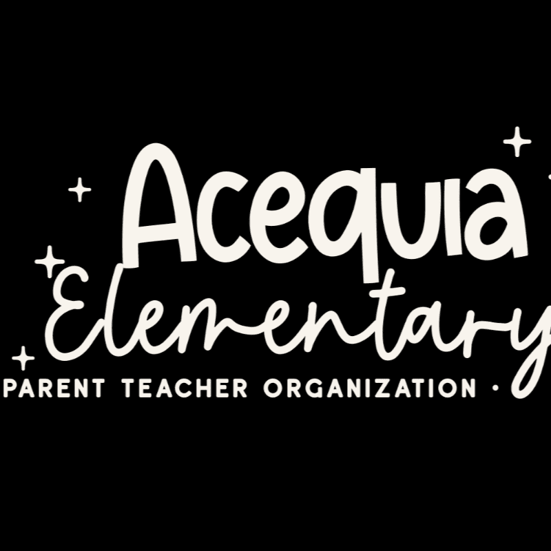 White text on a black background reads "Acequia Elementary Parent Teacher Organization" with small plus signs and stars scattered around.